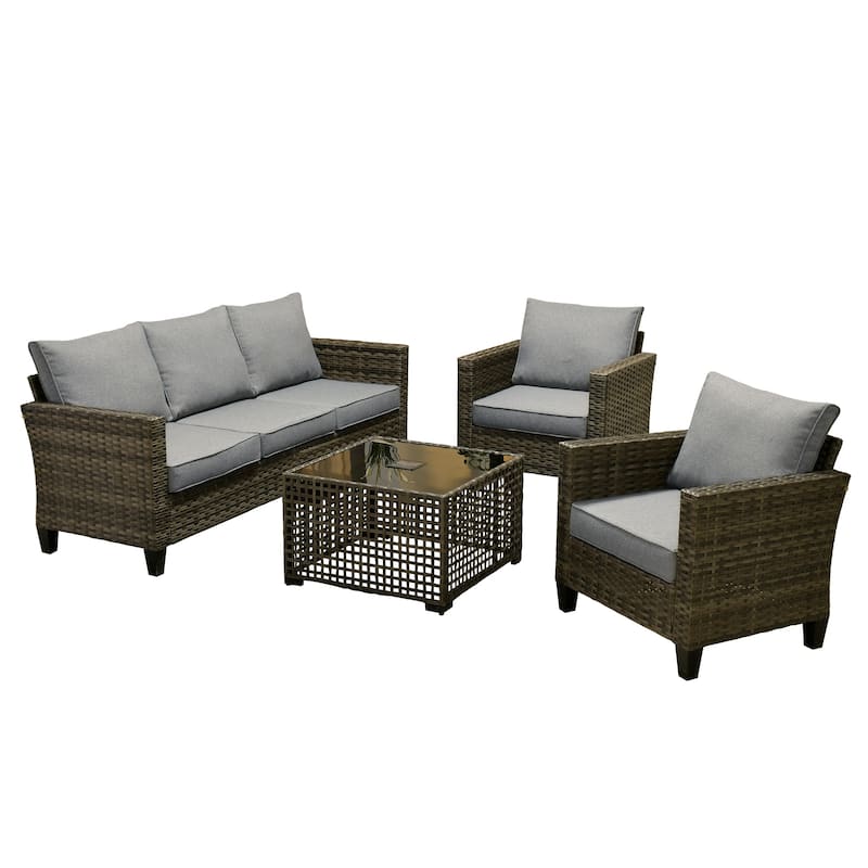 OVIOS 4 Pieces Patio Furniture Wicker Set with Solar-Powered Coffee Table