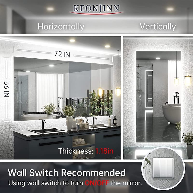 Keonjinn LED Backlit Bathroom Vanity Mirror Anti-Fog Dimmable Lighted CRI90 High Definition(Horizontally/Vertically)