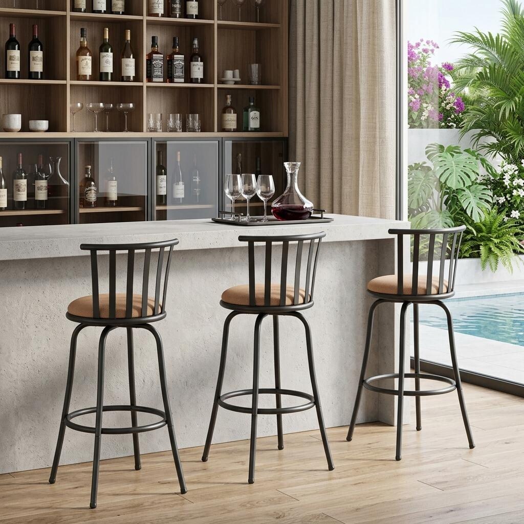 HomeRoots Set of Three Khaki And Black Suede And Faux Leather And Iron Low Back Adjustable Height Swivel Bar Chairs