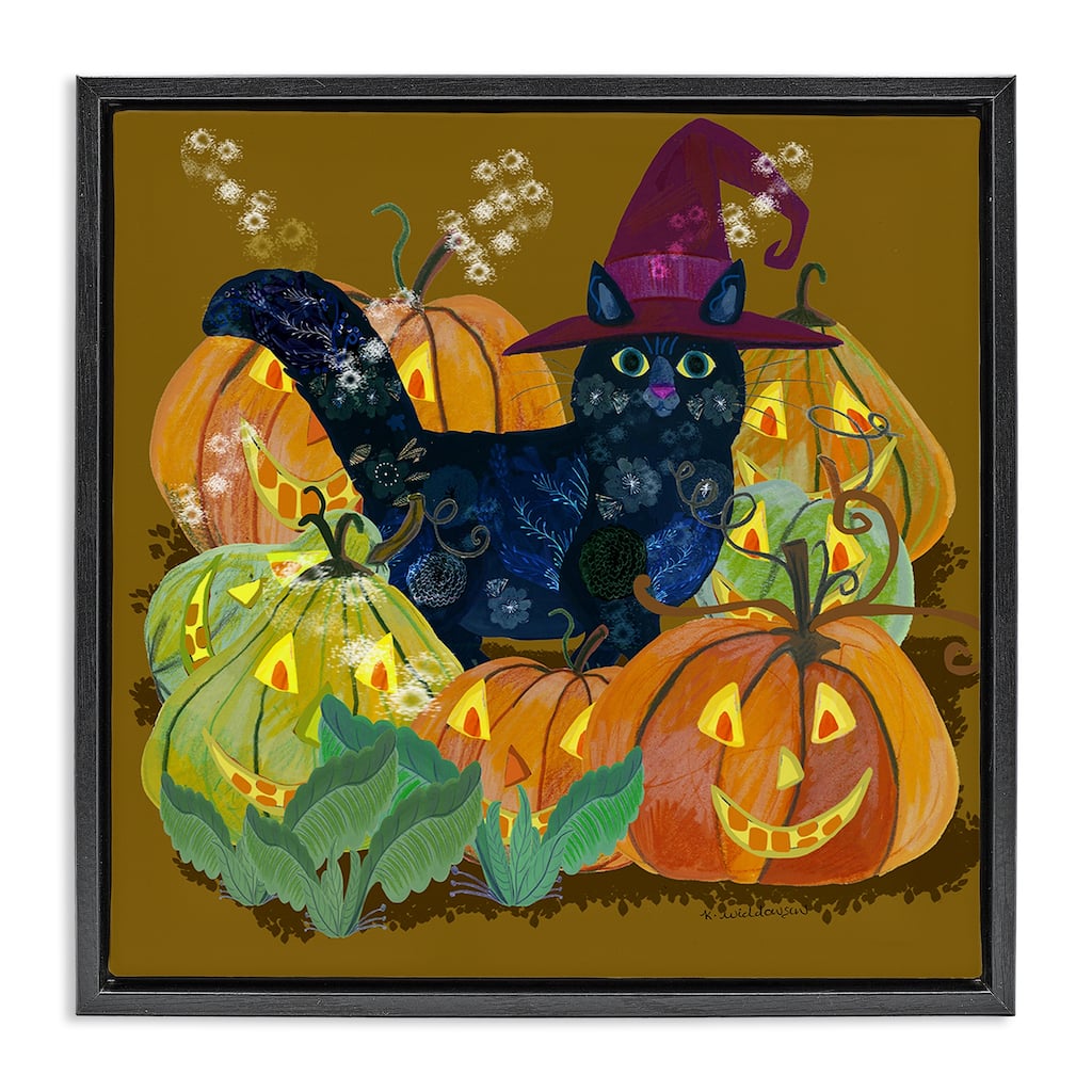 Stupell Cat with Jack-o-Lanterns Framed Floater Canvas Wall Art Design By Kay Widdowson