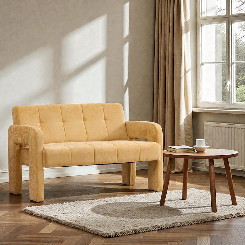 Modern Double Armchair Upholstered 2-Seater Sofa with Dual Armrests, Chenille Fabric Compact Couch for Living Room - Yellow