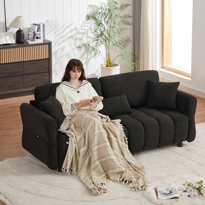 80'' Chenille Fabric Sofa with Lumbar Pillow, 3-seater Upholstered Sofa Chaise with 2 Cushions for Livingroom - Black