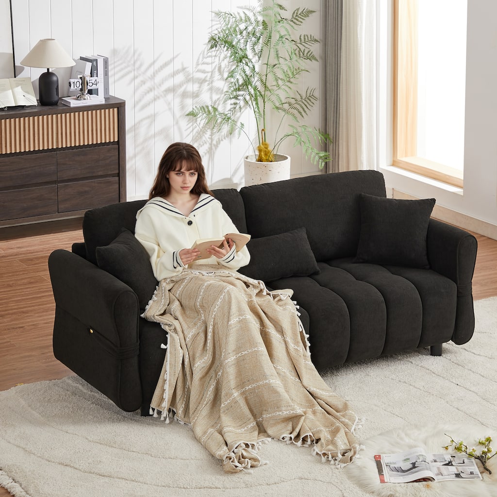 80'' Chenille Fabric Sofa with Lumbar Pillow, 3-seater Upholstered Sofa Chaise with 2 Cushions for Livingroom