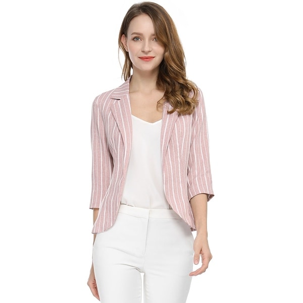 Women Striped 3/4 Sleeves Open Front Notched Lapel Blazer. Opens flyout.