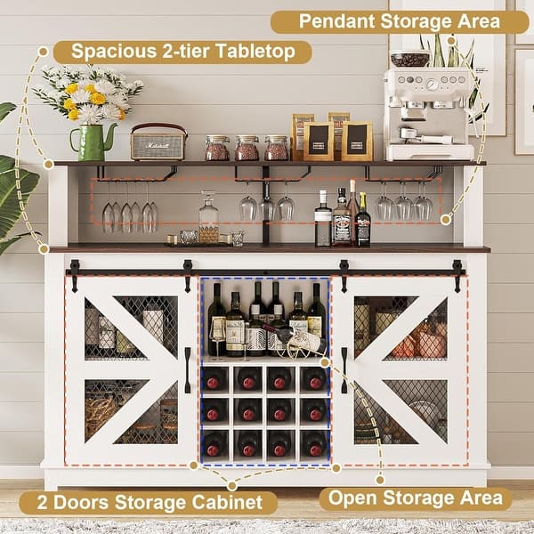 BOSSIN 55" Farmhouse Coffee Bar Storage Cabinet w/ LED Lights, Sliding Barn Door, Wine Rack & Adjustable Shelves,Kitchen Buffet - White