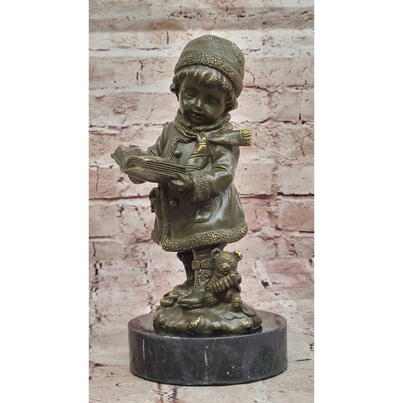 Winter Child Reading Book – Bronze Figurine With Teddy Bear