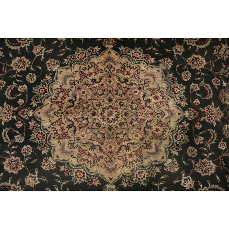 Hand Knotted Oriental Wool & Silk Carpet Traditional Floral Green Aubusson Area Rug - 9' 0'' X 6' 2''