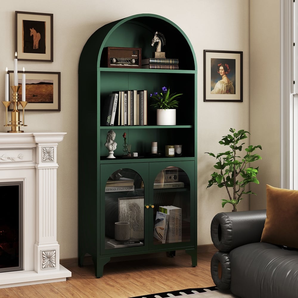 73.6-Inch Arched Metal Storage Display Cabinet with Adjustable Shelves