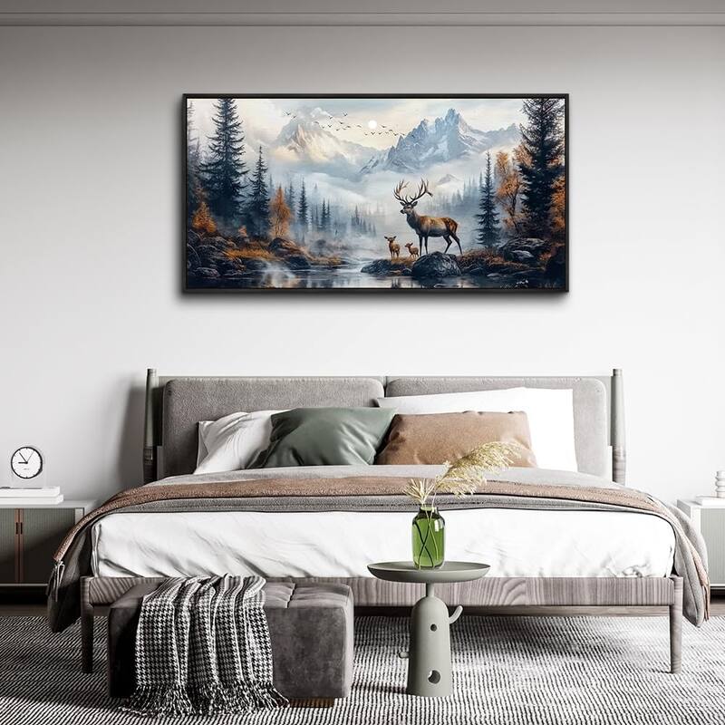 Elk Foggy Mountain Landscape Painting Scenery Stretched and Framed