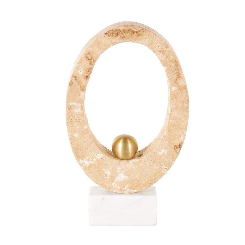 Cream Marble Oval Abstract Decorative Sculpture with Gold Ball and White Base