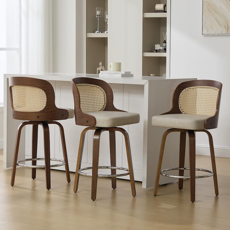 26" Upholstered Swivel Counter & Bar Stool with Rattan Back - 37.4"H x 19.09"W x 19.88"D - Set of 3 - Griege