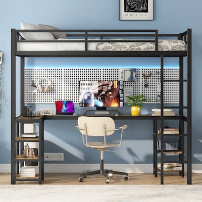 Heavy Duty Metal Loft Bed Frame with L Shaped Desk and Storage Shelves