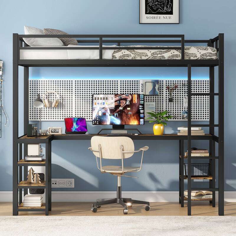 Roomfitters Metal Twin/Full Loft Bed with Desk & Shelves, Space-Saving Study Bed Frame with Ladder & Guardrails, Black