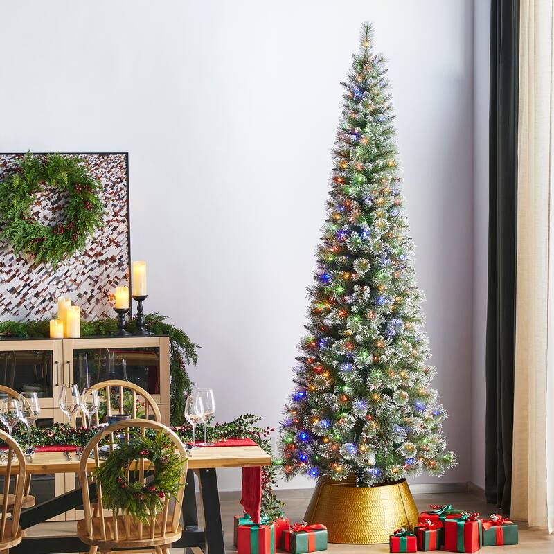 Glitzhome 7.5ft/9ft/11ft Pre-Lit Flocked Multi-color Artificial Christmas Tree with Remote Controller - 9ft Frosted