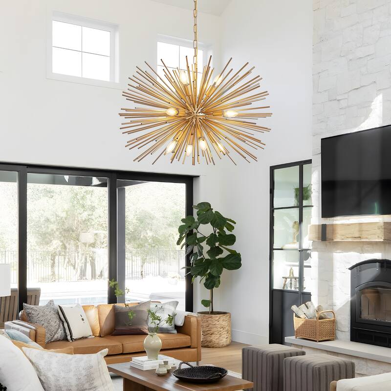 29" 12-Light Gold Starburst Chandelier - Mid-Century - Living Foyer