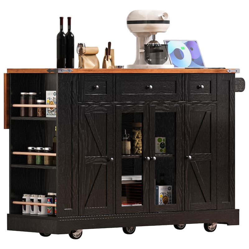 53'' Kitchen Island with Two Tempered Glass Cabinet Doors, Rolling Kitchen Cart on Wheels with Drop Leaf, Power Outlet