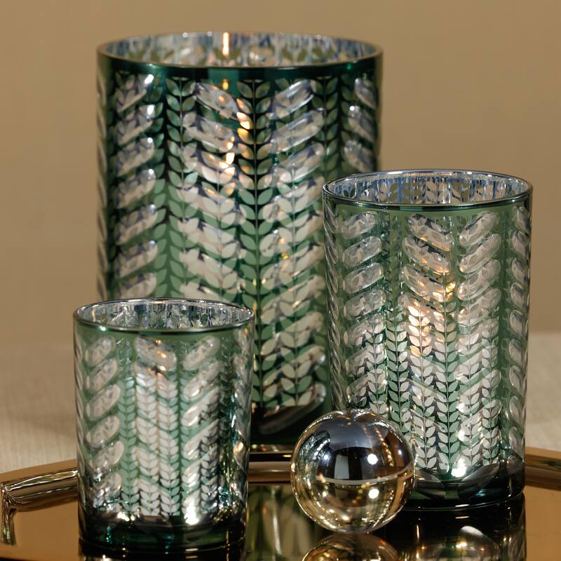 Laser-Etched Metallic Glass Hurricane Candle Holders, Set of 2