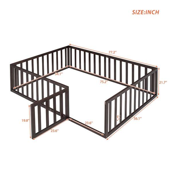dimension image slide 3 of 4, Full Size Wooden Floor Bed Frame with Safety Fence and Privacy Door - Stylish & Minimal Daybed