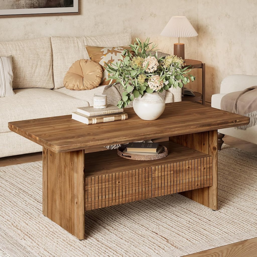 Solid Wood Coffee Table with 2 Drawers Storage, 47" Center Table for Living Room - 47.24" L x 23.62" W x 19.69" H