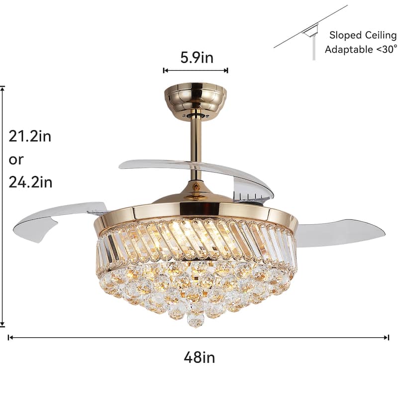 Kviflon 48" Crystal Fandelier Ceiling Fan with Light and Retractable Blades LED Dimmable for Bedroom Living Room - 48 Inches