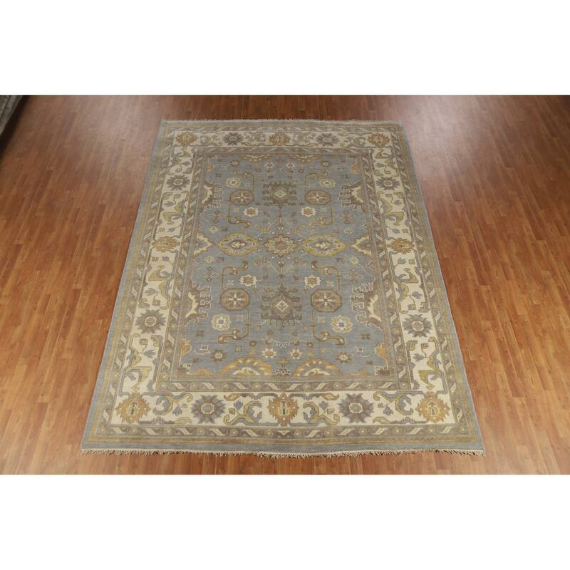Light Blue & Ivory Oushak Indian Area Rug Handmade Wool Carpet - 9'1" x 11'11"