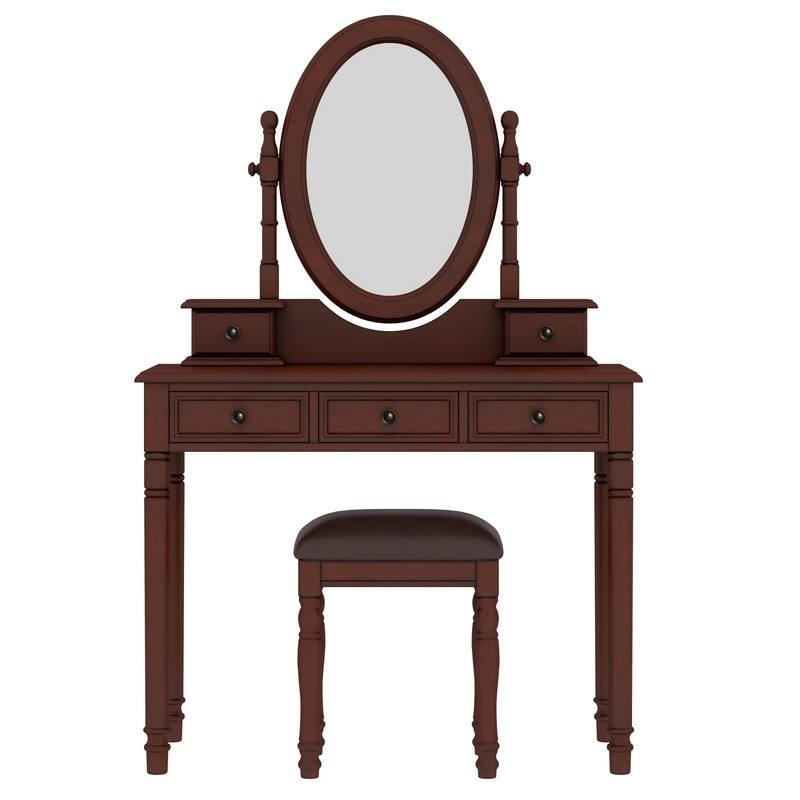 Vintage Vanity Desk with Adjustable Angle Mirror, Makeup Desk with 5 Drawers, Dressing Table Set with Cushioned Stool