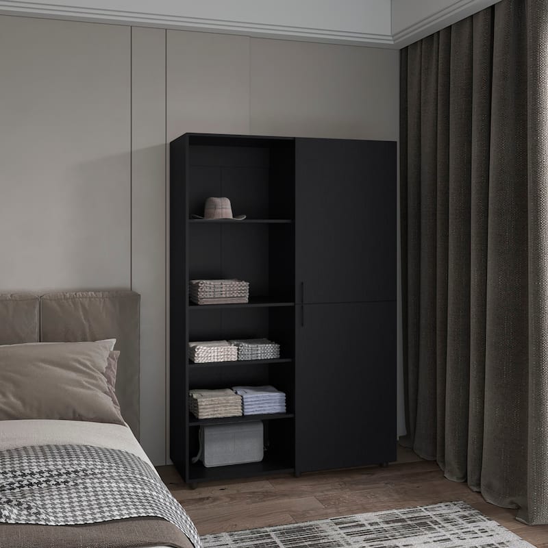 High Two Door Freestanding Armoire With Hanging Rod And Interior Shelves,Compact Bedroom Wardrobe - Black