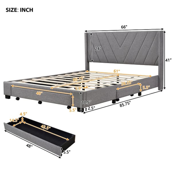 dimension image slide 3 of 4, Queen Size Storage Bed Linen Upholstered Platform Bed with 3 Drawers