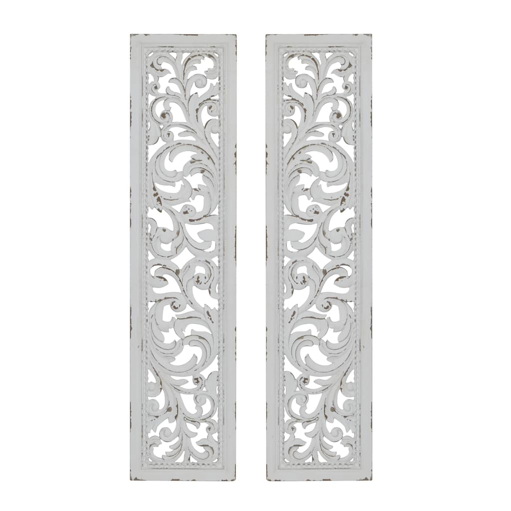 Wood Scroll Handmade Slim Distressed Carved Panel Home Wall Decor - Set of 2 White - Roche River Decor