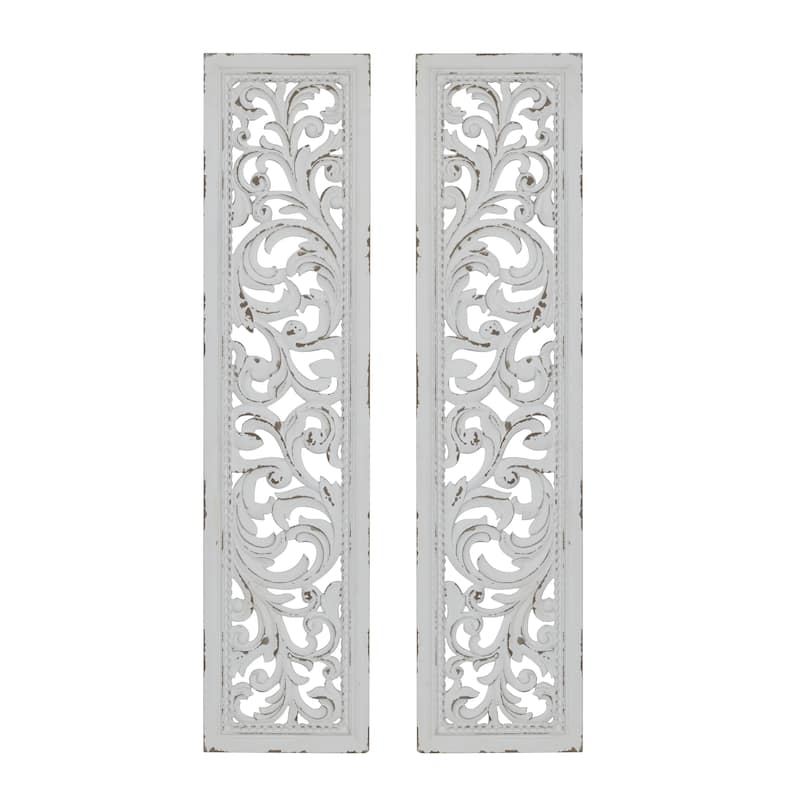 Wood Scroll Handmade Slim Distressed Carved Panel Home Wall Decor - Set of 2 White - Roche River Decor - White