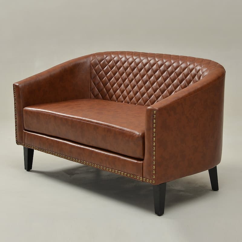 KINWELL 50"W Tufted Faux Leather Upholstered Small Loveseat Sofa - Brown
