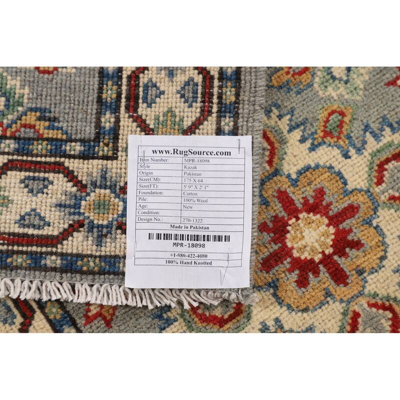 Geometric Kazak Oriental Runner Rug Hand-Knotted Wool Carpet - 2'1" x 5'9"