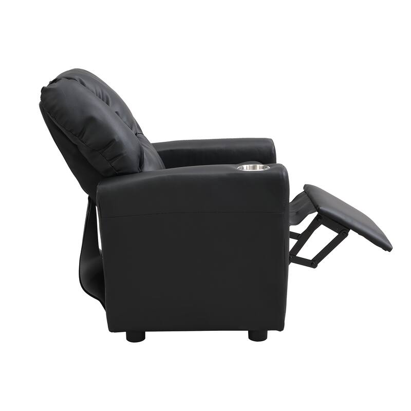 Kids Recliner Chair Black PVC Durable Toddler Chair with Cup Holder Ergonomic Design Easy Assembly 150 lbs Capacity