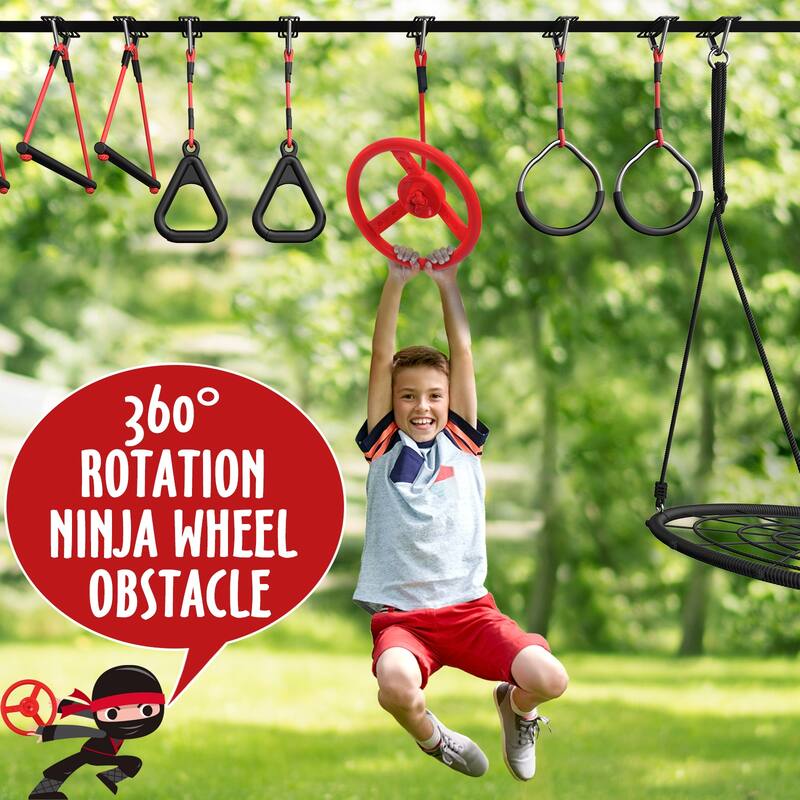 50 ft Ninja Warrior Obstacle Course for Kids with Swing, Tree Slackline Jungle Gym Outdoor