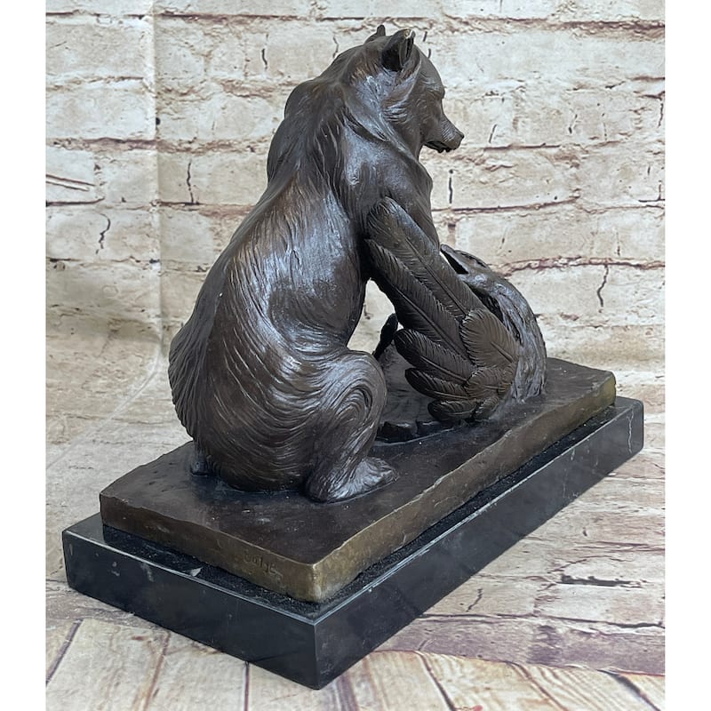 Signed Barye Bear Attacking Eagle Bronze Sculpture Marble Base Figurine Statue