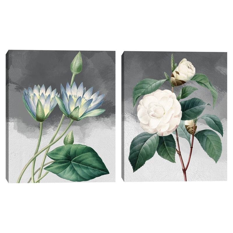 Blue Lotus & White Common Camellia Grey Canvas Art Prints