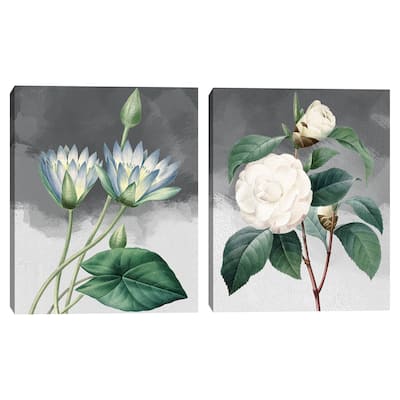 Blue Lotus & White Common Camellia Grey Canvas Art Prints