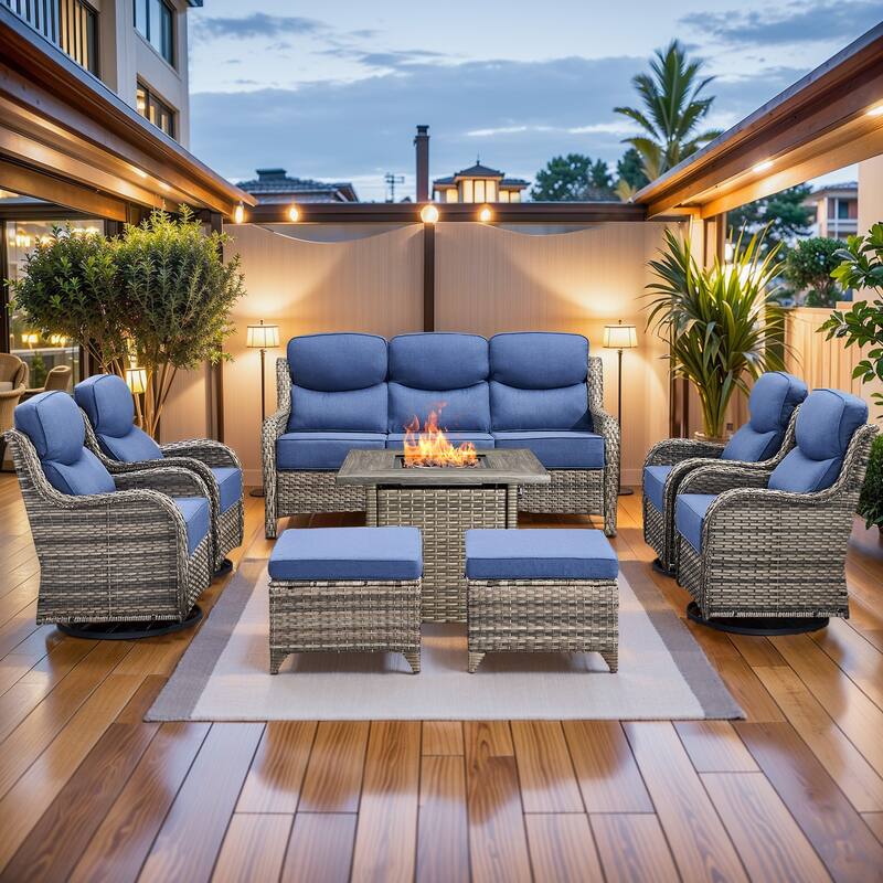 Pocassy Outdoor 6" Sofa Swivel Chair Ottoman with Fire Pit Table - Grey Wicker Blue Cushion - 8 Pieces Sofa Chair Ottoman w/ Fire Table