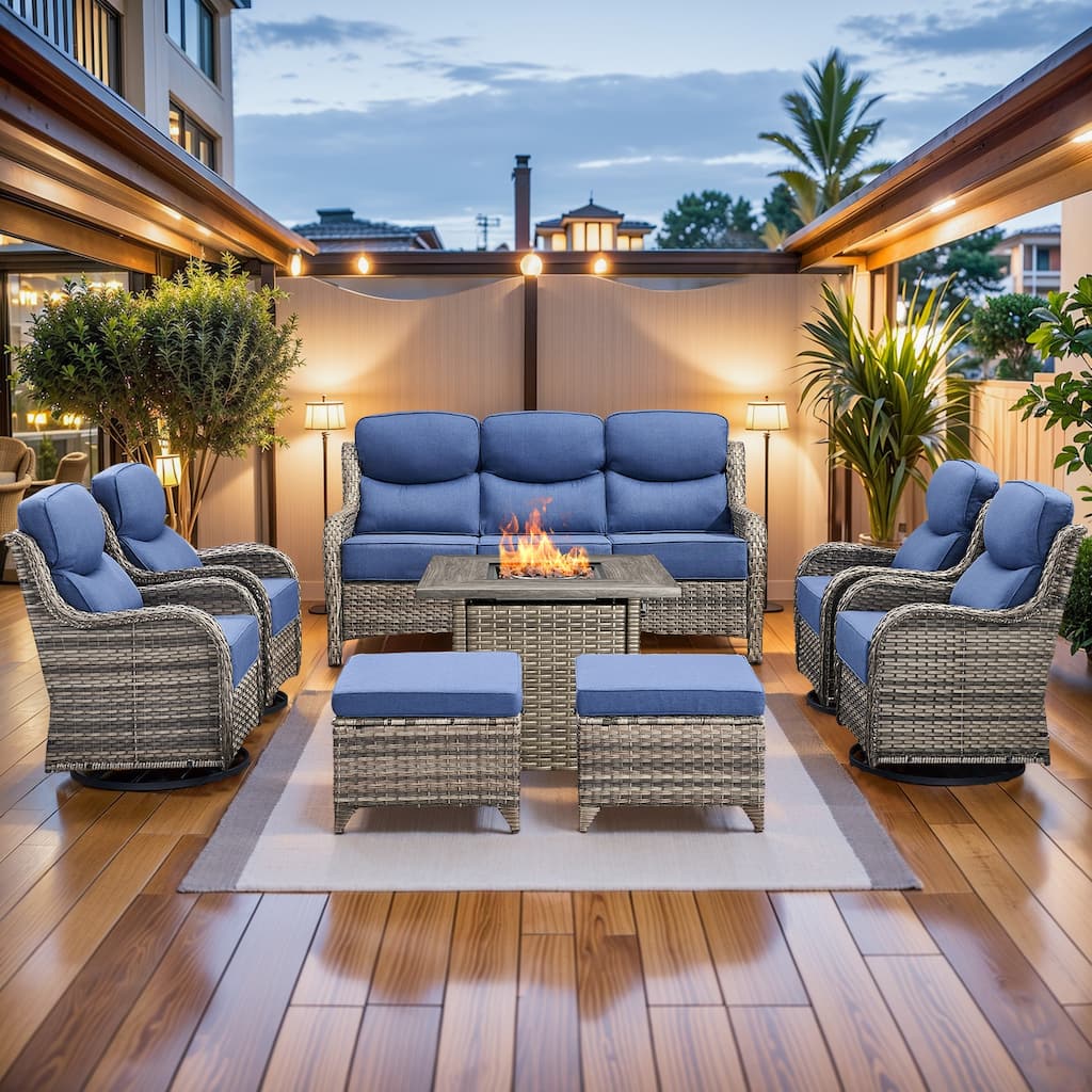 Pocassy Outdoor Patio Sofa with Swivel Chair Fire Pit Table Furniture Set