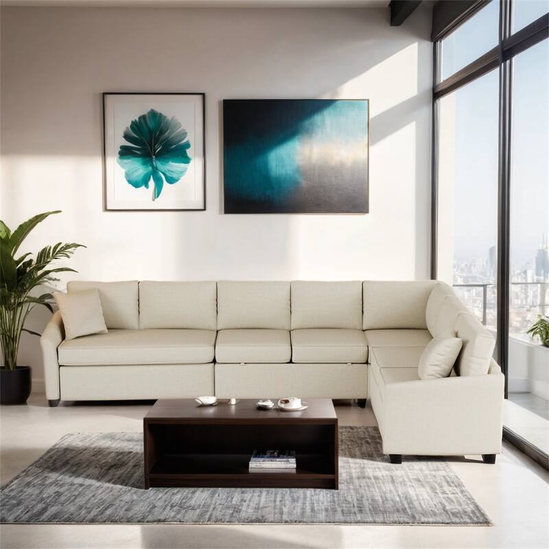 L-shaped Sofa Convertible Sofa Bed Pull Out Sofa Sleeper w/Back Pillow