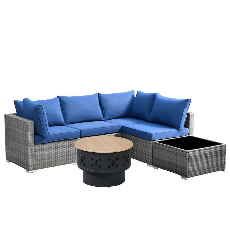 XIZZI 6-piece Outdoor Wicker Furniture Sectional Set with Wood Burning Firepit