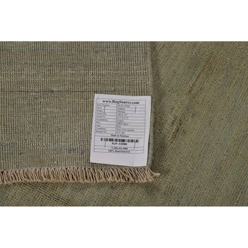 Green Solid Gabbeh Modern Area Rug Hand-Knotted Wool Carpet - 5'2" x 6'2"