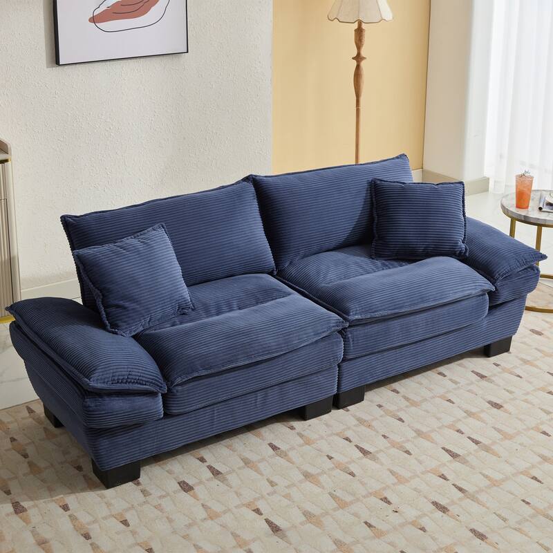 Blue Corduroy Upholstered Sofa Sleeper Loveseat with Pillows, 84x32x32 inches