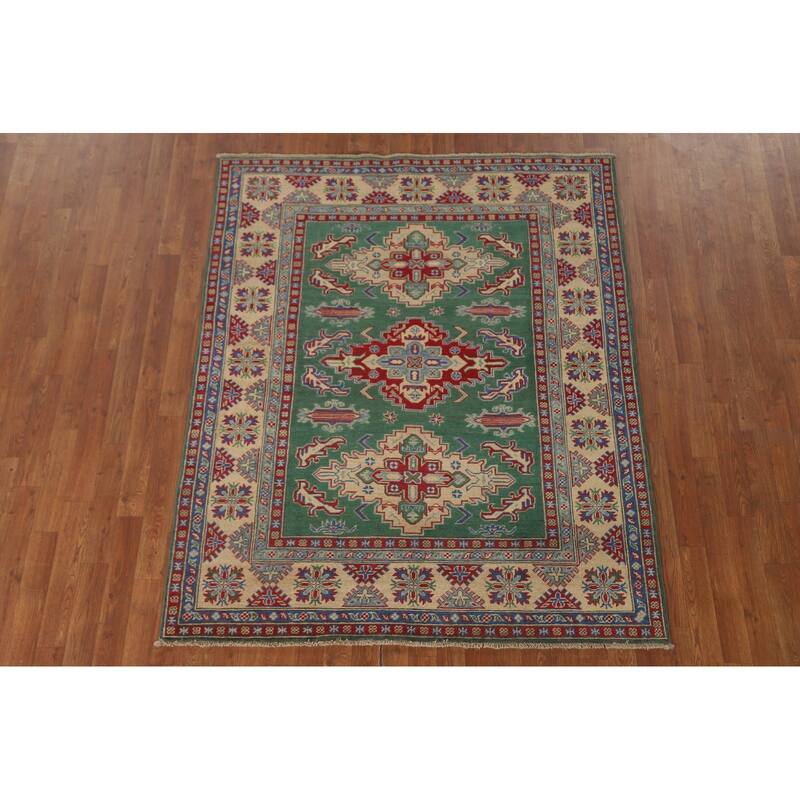Green Geometric Kazak Area Rug Hand-Knotted Wool Carpet - 4'11" x 6'1"