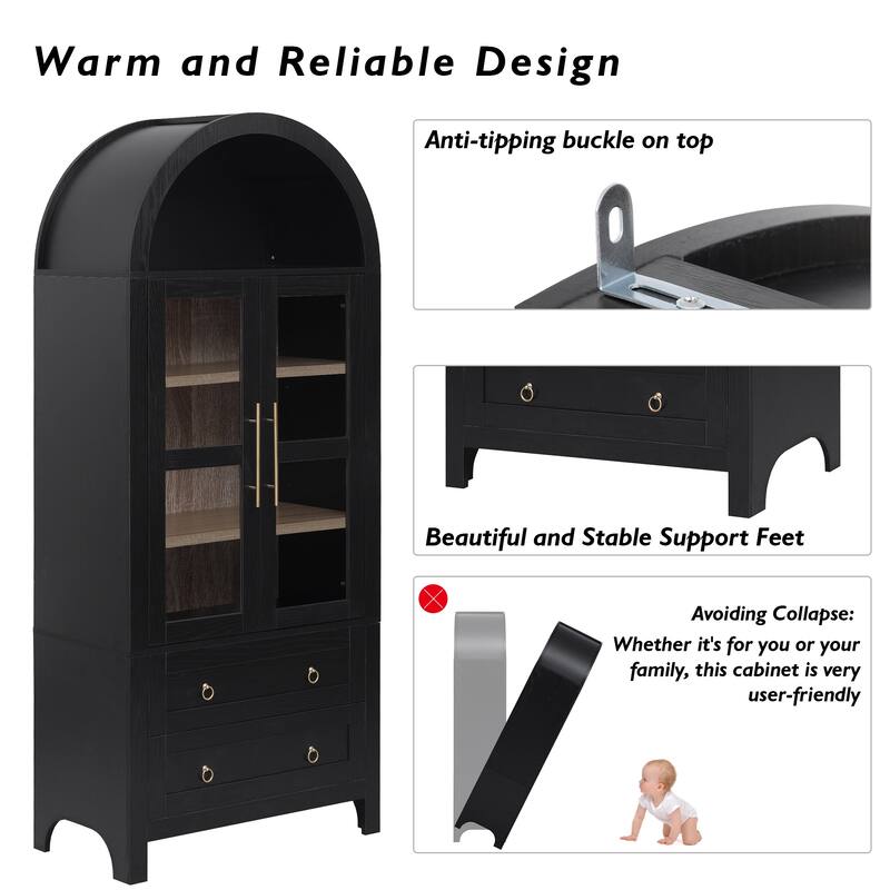 71" Tall Arched Kitchen Pantry Cabinet with 2 Large Drawers,Glass Door,Wood Versatile Cupboard for Kitchens,Dining Room - N/A