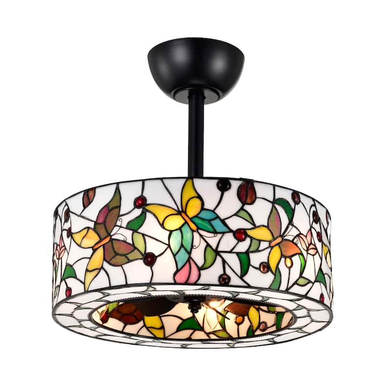 Jorga 6-light Tiffany Glass Fandelier Lighted Ceiling Fan Butterfly Design Remote Control - White-MultiColor