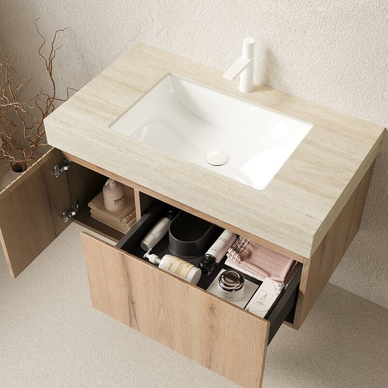 30"/36"/48" Wall-Mounted Bathroom Vanity with Ceramic Sink, Sintered Stone Countertop Floating Bathroom Storage Cabinet