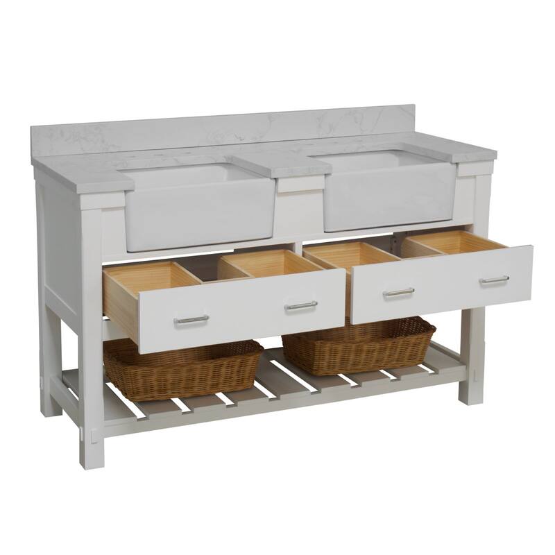KitchenBathCollection Charlotte 60" Double Farmhouse Bathroom Vanity with Engineered Carrara Top