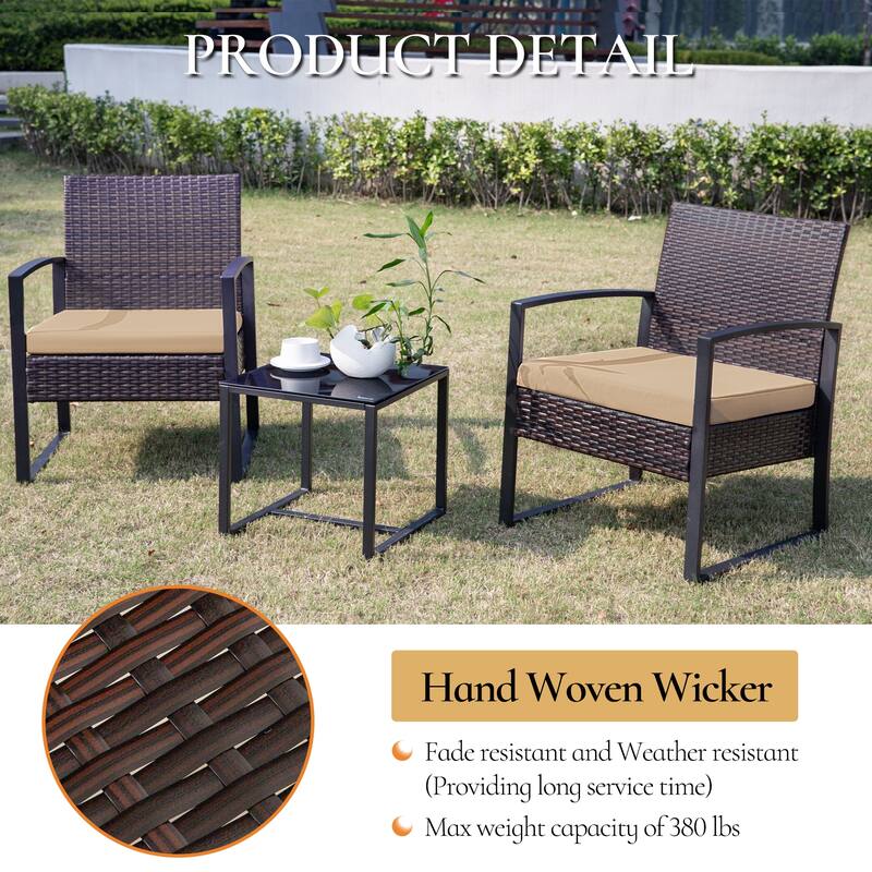 3-Pieces Wicker Patio Conversation Set Outdoor Chairs with Cushions