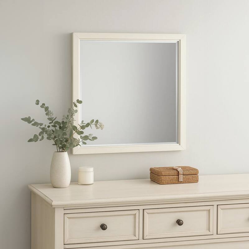 Toi Dresser Mirror, Beveled Glass, Antique White Finished Solid Wood, 38 Inch